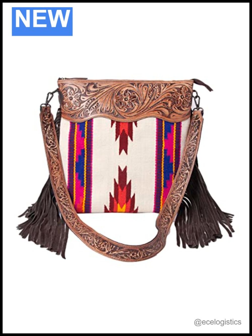 Hand-Tooled Leather Western Crossbody Bag with Woolen Saddle Blanket